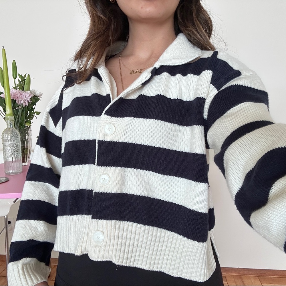 OAK + FORT Striped Black and Cream Cardigan